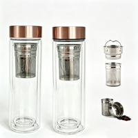 Bouteille d'eau en verre à double paroi, gobelet en verre borosilicate avec couvercle en acier inoxydable rose doré, résistant à la chaleur pour une beauté saine