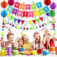 Guirlande de drapeaux en papier colorés, bannière Joyeux Anniversaire, guirlande de confettis pour la décoration de fête, comprend des serpentins en forme de boule en nid d'abeille