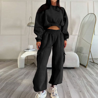 Ensemble de survêtement rose 2 pièces respirant pour femme : sweat-shirt court à manches longues et pantalon cargo décontracté à jambes larges – Style streetwear