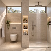 Ensemble de salle de bain moderne sur mesure de luxe, texture pierre, niche LED, design flottant, douche walk-in pour maison haut de gamme