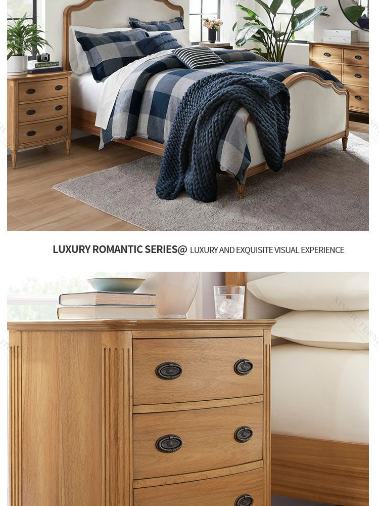 high quality american solid wood frame cotton linen double bed vintage bedroom large solid wood bed