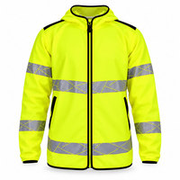 Vêtement de travail haute visibilité, veste de sécurité réfléchissante à capuche, manches longues, jaune fluorescent, bandes géométriques, poches zippées, bordure contrastée