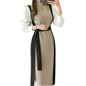 Robe pull tricotée pour femme, couleur contrastée, ceinturée, mi-longue, manches longues, col rond, robe de bureau pour l'automne - Product Image 2