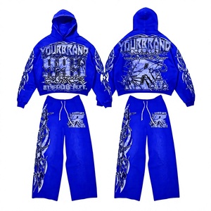 Conjunto Deportivo de Sudadera con Capucha Azul Estilo Hip Hop, Sudadera con Capucha y Pantalones de Corte Regular, 2 Piezas, Ropa Urbana Unisex, Resistente al Viento, 100% Algodón - Product Image 1