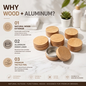 Tarro de madera personalizado WeWood de Vietnam con logo, recipiente de crema con revestimiento interior de aluminio y carcasa de madera natural, caja para bálsamo, ungüento o pomada. - Product Image 2