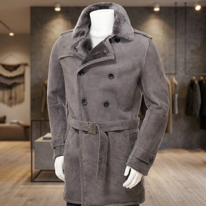 Men's Double Breasted Suede <b>Trench</b> <b>Coat</b> With Faux <b>Fur</b> Lining And Belt Winter Long Jacket Smart Casual Style - Product Image 3