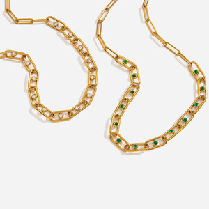 Collar de Cadenas Finas de Acero Inoxidable 18K con Engaste de Bisel de Diamantes de Imitación Geométricos, Joyería para Uso Diario y Ocio - Product Image 1