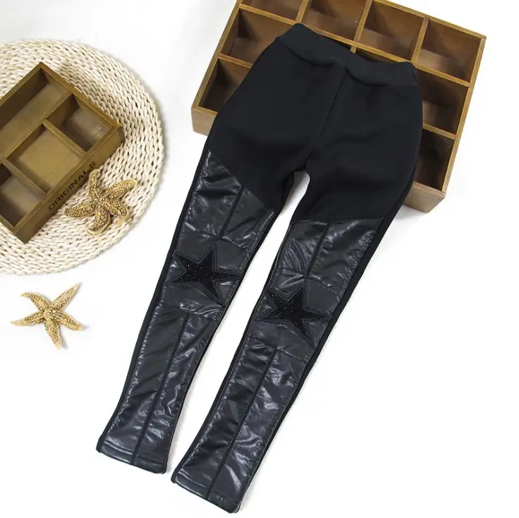 2020 Autumn Kids Girl Black Pu Leather Stars Patchwork Pants for Winter