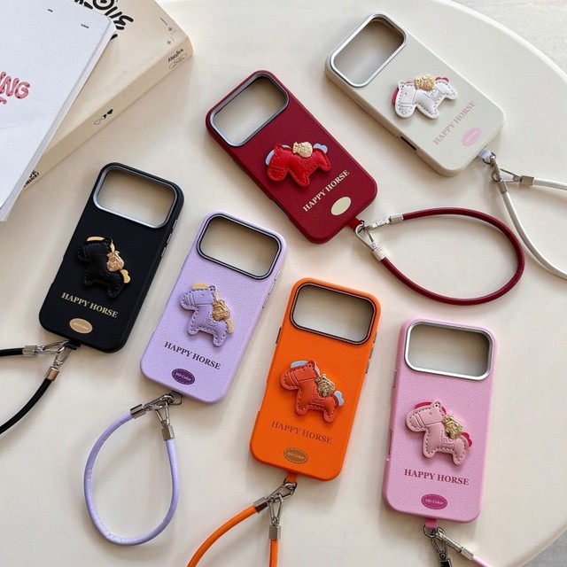 Original Cute Cartoon Horse PU Leather Mobile Phone case for iPhone 17 Pro Max 16 15 14 Plus Linen Textured TPU PC Back Cover