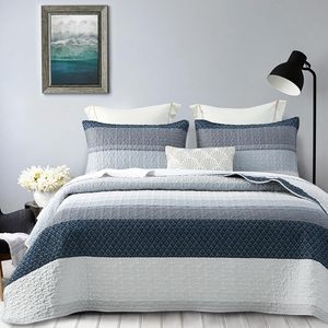 100% algodón azul y azul marino rayas edredón <span class=keywords><strong>colcha</strong></span> 3 piezas granja suave Reversible <span class=keywords><strong>colcha</strong></span> juego <span class=keywords><strong>de</strong></span> cama - Product Image 1