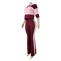 Ensemble deux pièces streetwear pour femme : Polo à col contrastant et pantalon long évasé rayé – 5 couleurs tendance en stock