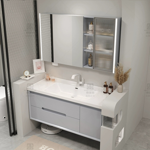 Luxury Modern Furniture Design <b>Floating</b> Rock Stone Countertop Ceramic Sink Bathroom Cabinet LED Mirror Vanity Set with <b>Drawers</b> - Product Image 1