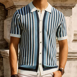 Polo d'été décontracté à manches courtes <span class=keywords><strong>et</strong></span> coupe ajustée pour homme Chemise en tricot délavé à rayures noires <span class=keywords><strong>et</strong></span> blanches - Product Image 2