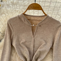 Robe décontractée élégante pour femme, coupe trapèze, tricotée, à manches longues, avec broderies et col montant, pour le quotidien