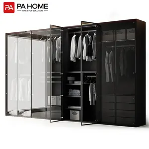 PA Bedroom Furniture Metal Aluminium Glass Door Clothes Closet Black Wardrobe Cabinet