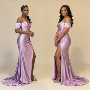 <span class=keywords><strong>Robe</strong></span> de Demoiselle d'Honneur Élégante en Satin Élastique à Épaules Dénudées avec Mini Traîne et Fente pour Fête de <span class=keywords><strong>Mariage</strong></span> - Product Image 2