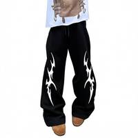 Pantalon Palazzo Homme Noir Personnalisé 100% Coton avec Transferts DTF Imprimé Flamme, Coupe Ample, Tendance, Haute Qualité, Décontracté, Streetwear, avec Cordon de Serrage