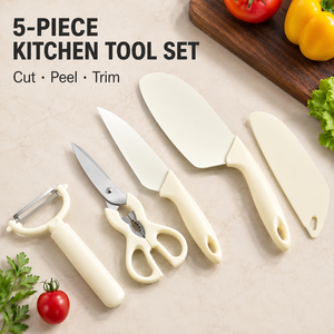 Nouvel ensemble de couteaux de cuisine en acier inoxydable cinq pièces avec manche en plastique et rangement – Couteau de chef, couteau à fruits, éplucheur, ciseaux - Product Image 2