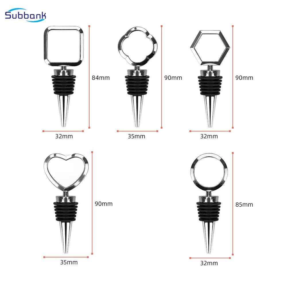 Subbank Venta al por mayor Sublimación Tapones para botellas de vino en blanco Impresión personalizada Varias formas Metal Aleación de zinc Sublimación Tapón para vino