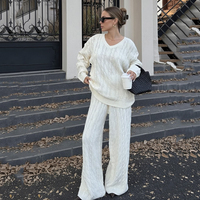 Ensemble Femme Tricot Uni Confortable Souple Col V Torsade Pull Soufflant Pantalon Droit