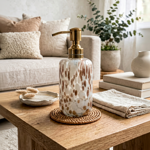 Glass Soap <b>Dispenser</b> Manual Liquid Pump Bottle Gold Pump White Spotted Decorative Bathroom Shower Accessory - Product Image 1