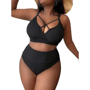 Sexy plus size solid color suspender high waist swimsuit black and white swimsuit super girl bikini sporty swimsuit woman