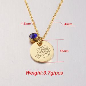 Titanium Stainless Steel 18K Gold Plated Birthday Flower Stone Zodiac Engraved Circle Birth Flower Necklace - Product Image 4