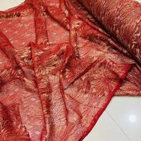 Kain renda Afrika Terbaru 2024 kualitas tinggi kain jala bunga matahari merah bordir renda 5 yard untuk gaun pesta pernikahan wanita