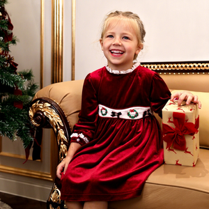 Robe de Noël en velours rouge pour filles, respirante et écologique, avec accents Babeeni, ODM OEM, vente en gros, robe smockée - Product Image 1