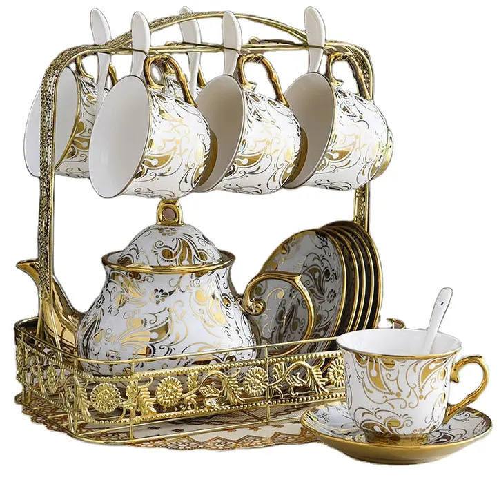 Vente chaude Ramadan cafés délicats en porcelaine 6 tasses et 6 soucoupes Vintage tasse à thé bouilloire à thé ensemble pour produit maison