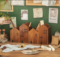 Boîte de rangement en bois de style japonais rétro en forme de maison - Organisateur de bureau vintage, design ouvert, structure en bois robuste, boîte à crayons en bois