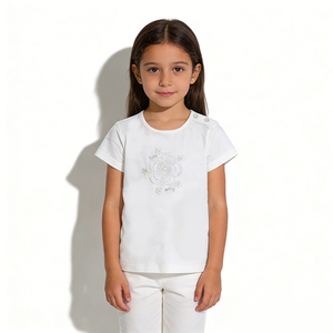 Nuova T-shirt Estiva da Ragazza, Stile Semplice, Bianco Puro, Collo Tondo, Manica Corta, Casual, con Ricamo Floreale 3D, Morbida, Traspirante e Delicata sulla Pelle - Product Image 4