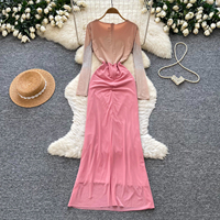 Robe longue moulante élégante pour femme à manches longues, ornée de strass et froncée, taille haute, idéale pour les soirées d'automne