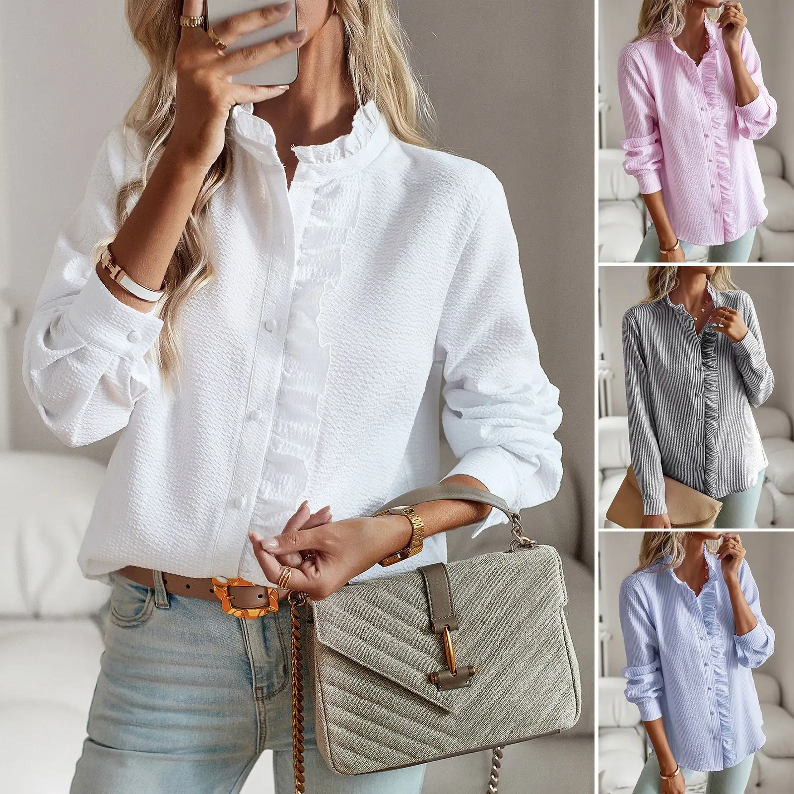 Holesale-Camisa de manga larga de color liso para mujer, tops formales informales a rayas personalizados