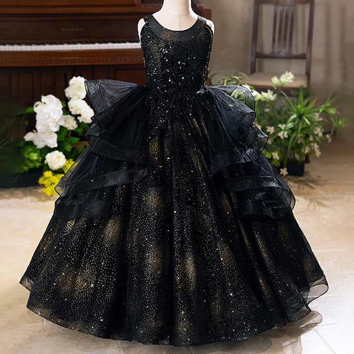 Elegant Princess Wedding Flower Girls' Dresses Black Formal Ball Gown With O-Neckline And Appliques Long Dress For Ceremonies Elegant Princess Wedding Flower Girls' Dresses Black Formal Ball Gown With O-Neckline And Appliques Long Dress For Ceremonies