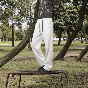 Men's White Straight Leg Sweatpants Loose Fit <b>Drawstring</b> <b>Trousers</b> Casual Daily Wear - Product Image 3