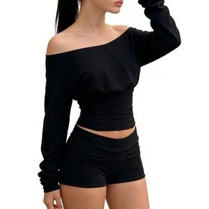 Dames Off Shoulder 2-delige Set - Lange Mouwen Kant-up Corset Top & Hoge Taille Shorts Dames Sets Dameskleding Sehe Fashion - Product Image 4