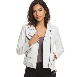 White Real Leather Biker <b>Jacket</b> Wide Notch Lapel Zipper Pocket Fitted Modern Female Streetwear Outerwear Leather <b>Jackets</b> - Product Image 1