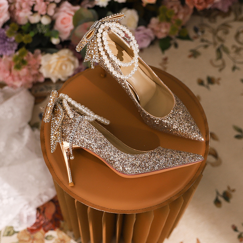 Sequined Pearl Bridal Dress Shoes Luxury Silver Gold High Heel Women Wedding  Banquet Heeled Sandals| Alibaba.com