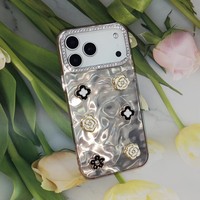 Coque de téléphone 3D Fleur & Camélia pour iPhone 7/8/X/11/12/13/14/15/16/17 Texture Ondulée Luxe avec Cadre d'Appareil Photo en Strass