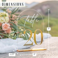Numéros de table de mariage en acrylique transparent arqué avec base miroir dorée, élégantes pancartes de table en calligraphie pour la réception de mariage