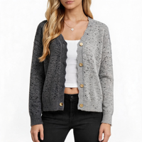 Cardigan en maille mélange de deux tons à col en V pour femme, de haute qualité, avec bordure festonnée, boutons sur le devant, poignets et ourlet côtelés, coupe ample, haut d'extérieur