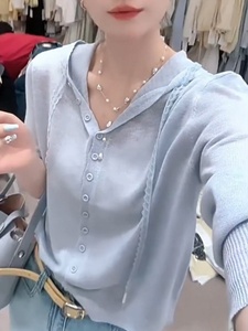 女式夏季抗起球懒人风格针织面料连帽套头衫和蕾丝衬衫女式连帽衫和运动衫 - Product Image 5
