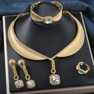 Parure de bijoux de mariée tendance, magnifique ensemble en laiton plaqué or 18 carats avec zircon, comprenant bague, collier, boucles d'oreilles et bracelet, unisexe, pour femme, idéal pour mariage et soirée - Product Image 1