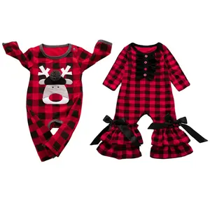 Classic style red&black plaid Kids Christmas rompers baby boy deer embroidery jumpsuit girls ruffle romper