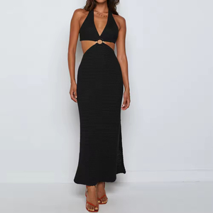 Verano nuevo ganchillo cuello en V Sexy cinturón sin cintura hendidura tejido playa falda Maxi mujeres suéter vestido - Product Image 5