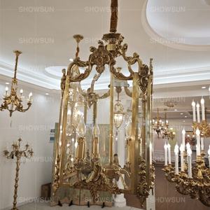 Orta yüzyıl vintage dikdörtgen pirinç lamba cam fenerler dekoratif kafes pirinç kolye lamba - Product Image 4