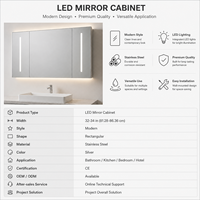 Kabinet Cermin LED Stainless Steel Modern untuk Dinding, Kabinet Penyimpanan Kamar Mandi dengan Layar Pintar untuk Hotel dan Rumah