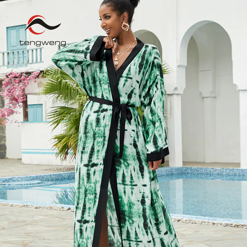 TW Kimono Robe Long Rayon Bedruckte lange Ärmel für Frauen Beach Cover Up