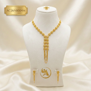 Stylish Trendy Long African Gold Plated Y Drop Necklace Set with Earrings & Rings Flower Shape Fashion Necklace - Product Image 1
